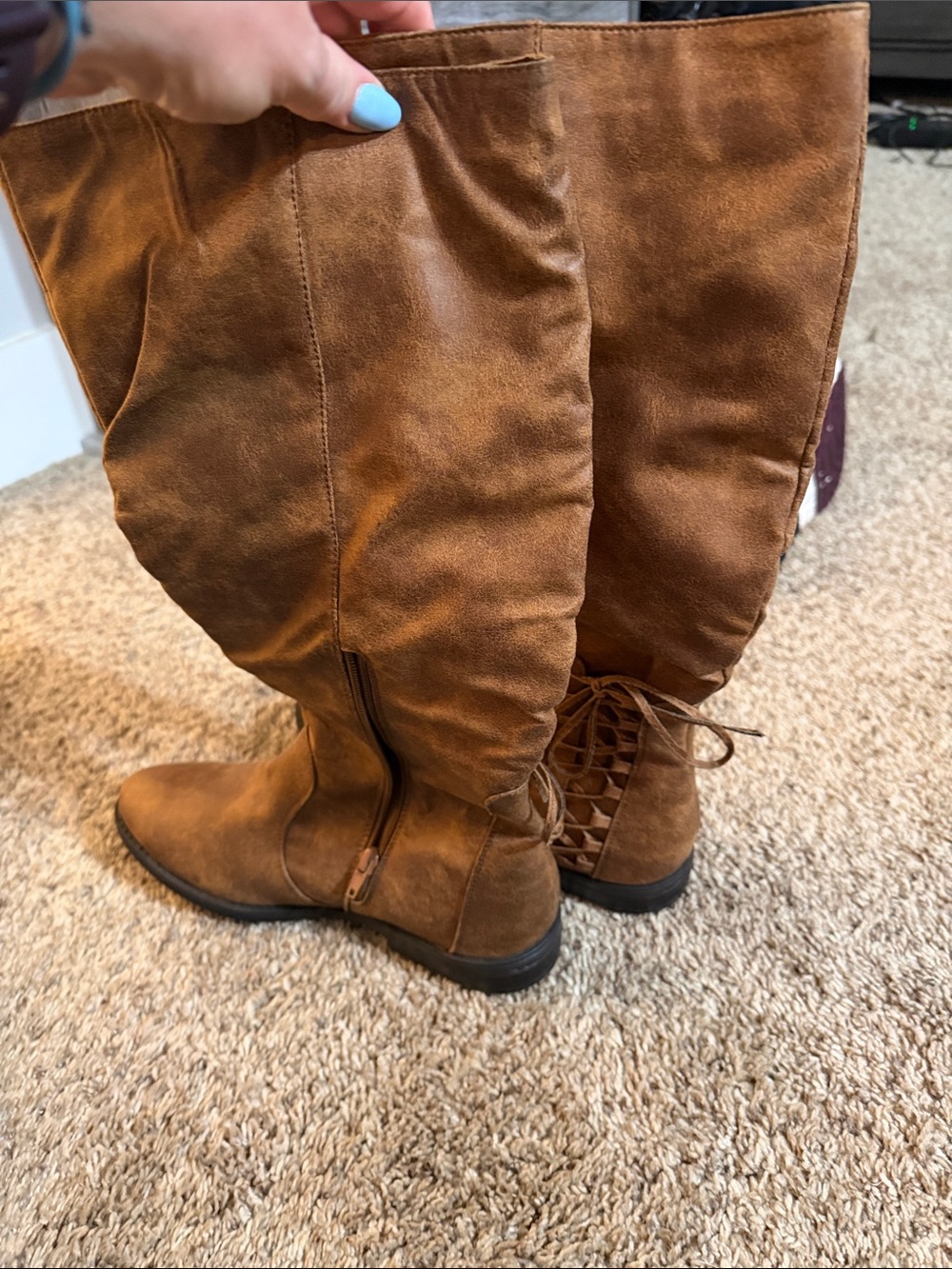 Rampage Over-the-Knee Lace-Back Boots in Cognac Brown